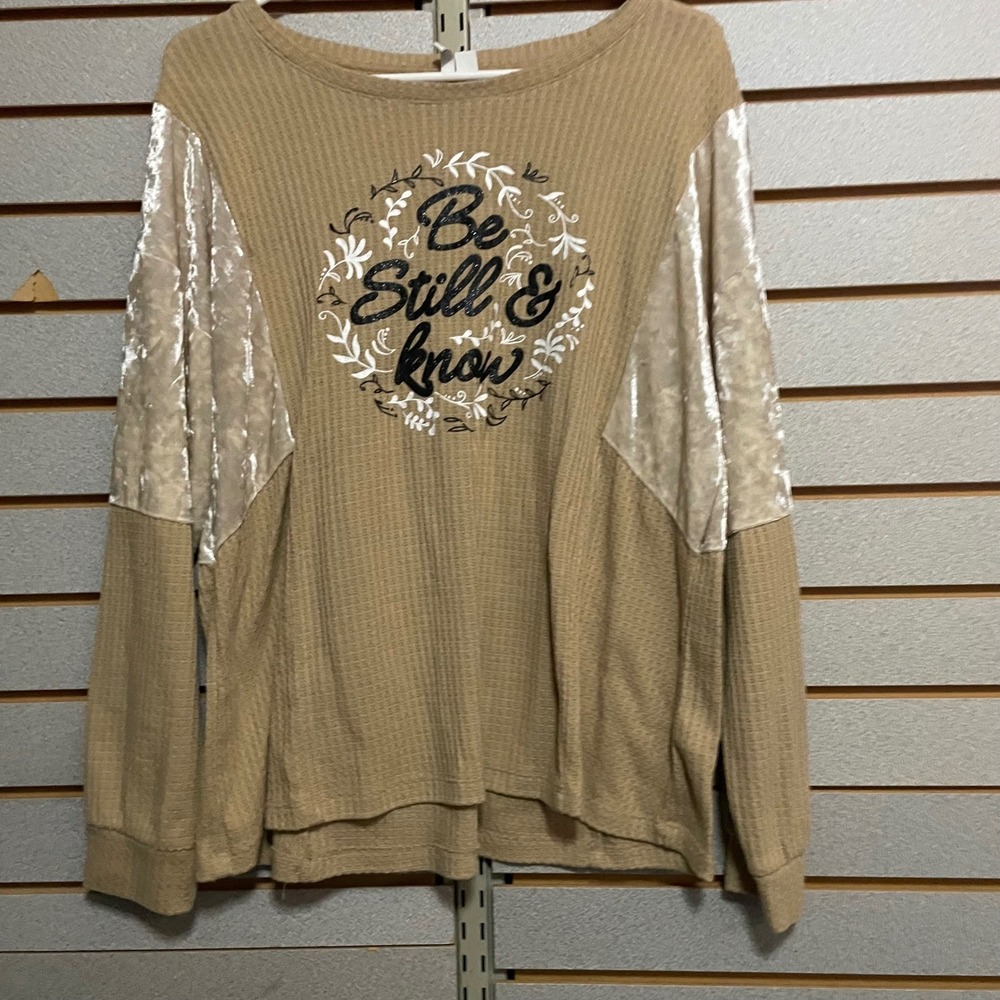 Cato Womens Tan Waffle Knit Graphic Top Be Still & Know Velvet Sleeve Large